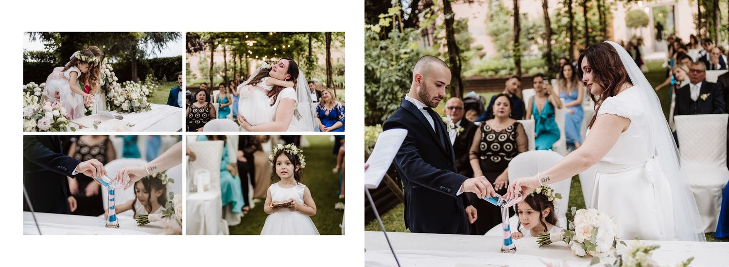 Wedding ceremony collage showing couple exchanging rings, vows, and sharing joyful moments at altar.
