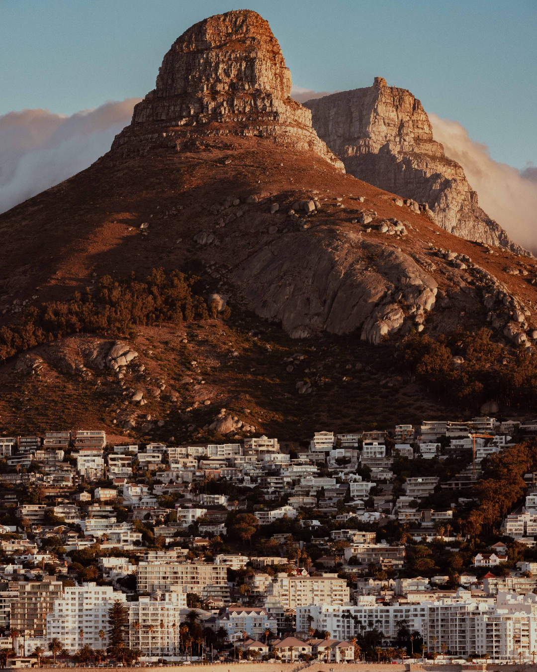 Dramatic view of Table Mountain with dense residential buildings nestled at its base in Cape Town.