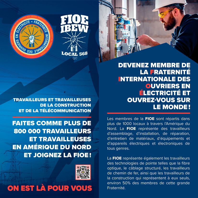 Graphisme pour la F.I.O.E. Local 568 (IBEW) brochure promotionnelle pour les étudiants en électricité
