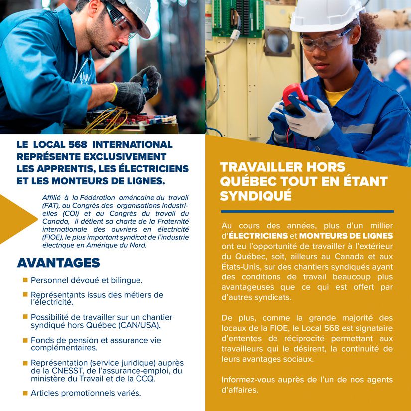 Graphisme pour la F.I.O.E. Local 568 (IBEW) brochure promotionnelle pour les étudiants en électricité