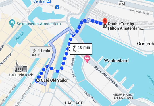 Walking route map showing directions from Central Amsterdam to DoubleTree hotel.