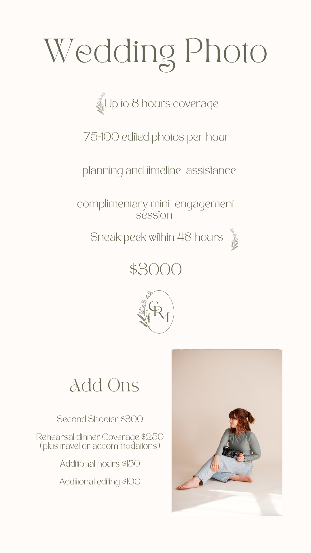 Wedding photography pricing and package details displayed in elegant typography.