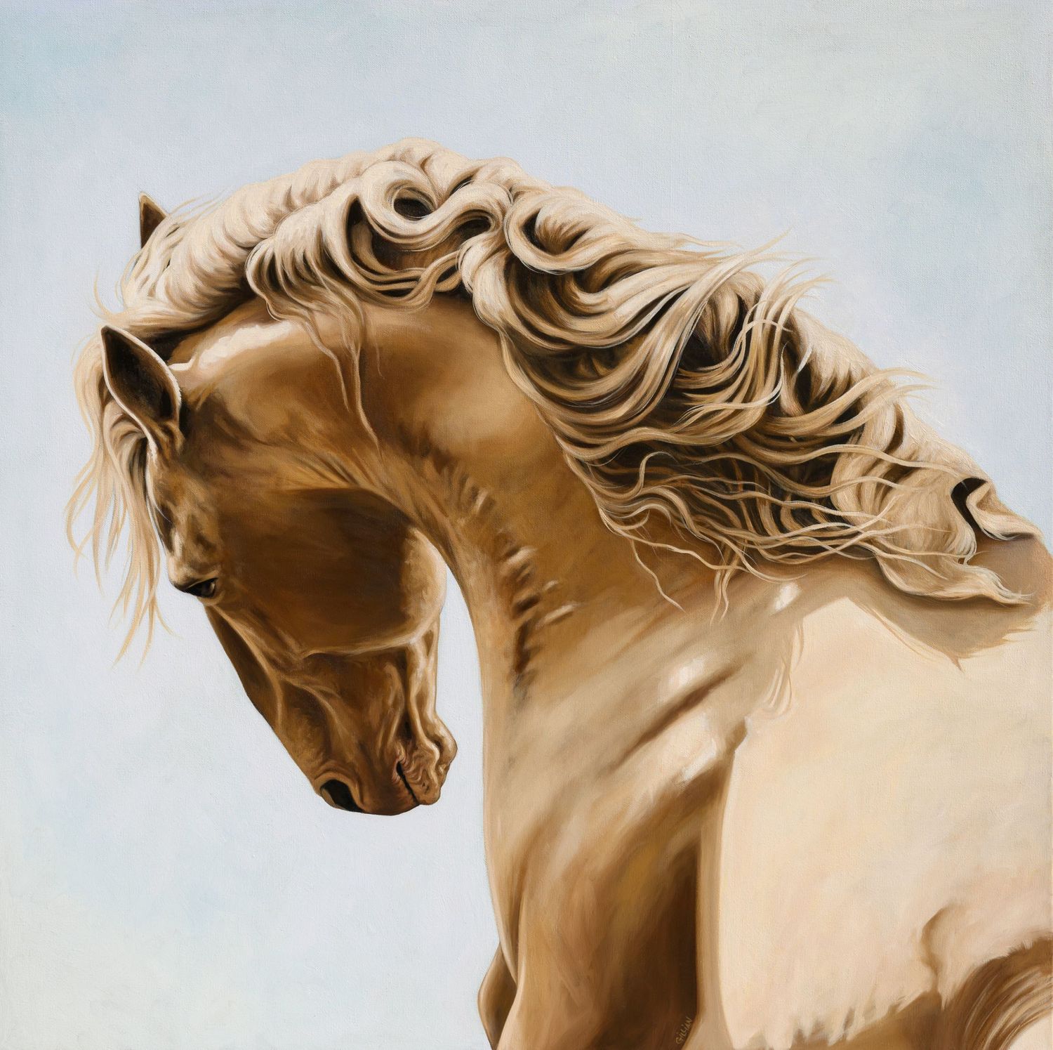 Artistic painting of a golden horse with flowing mane against light background.