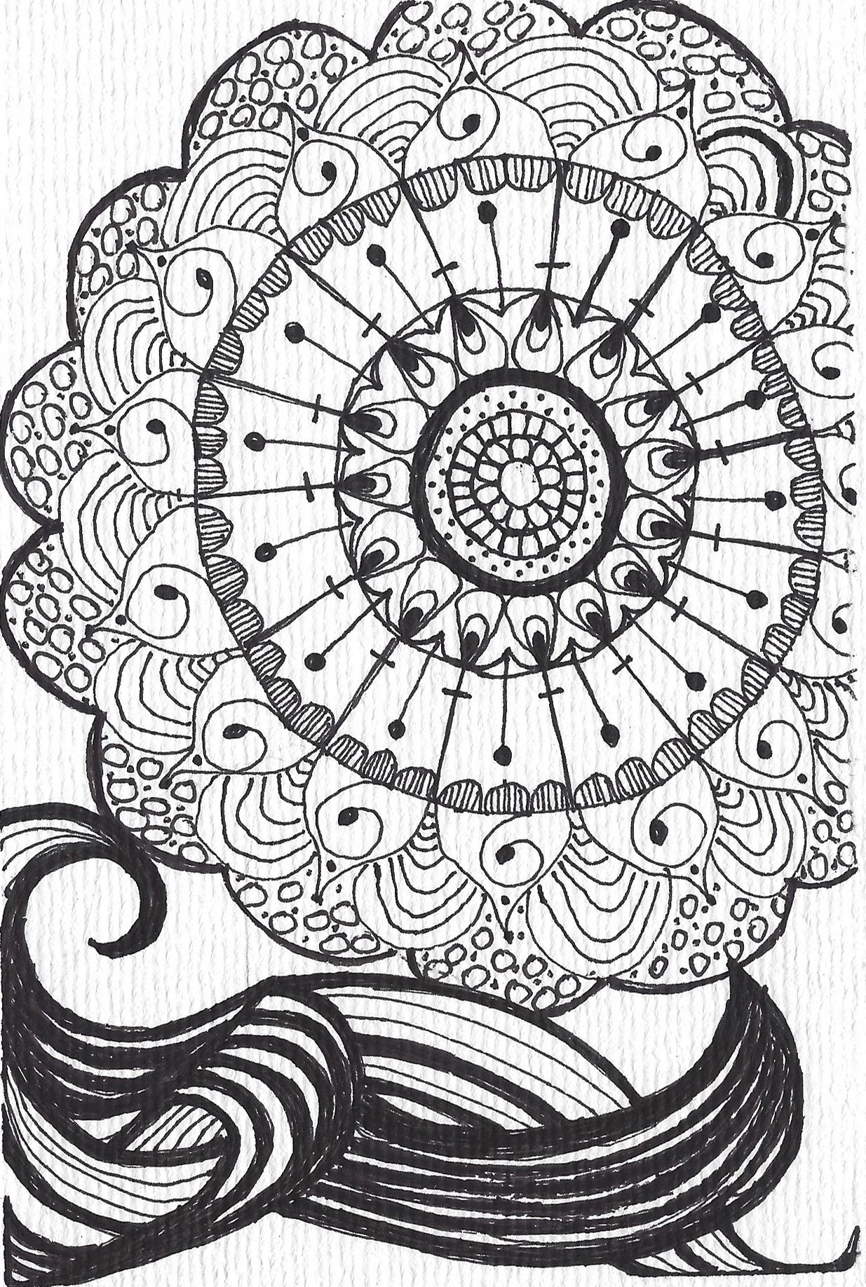 Black and white mandala-style drawings with swirling patterns and decorative details.