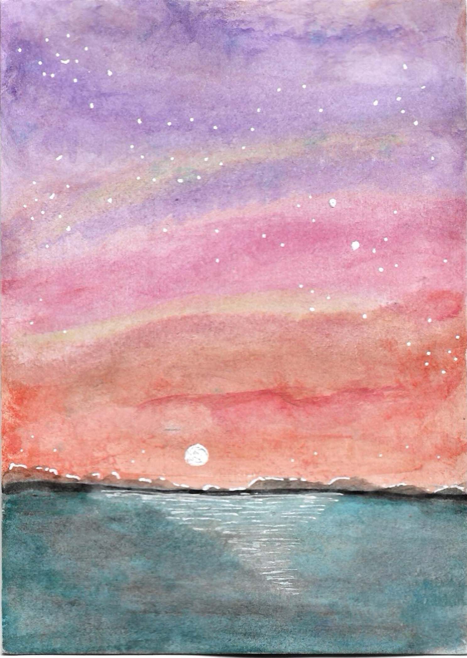 Watercolor sunset seascape with purple and pink sky, stars, and a full moon reflecting on turquoise water.