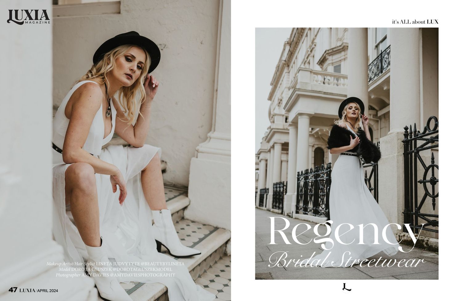 A tear sheet from Lucia magazine featuring Dorota in Wedding clothing in various poses in Hove