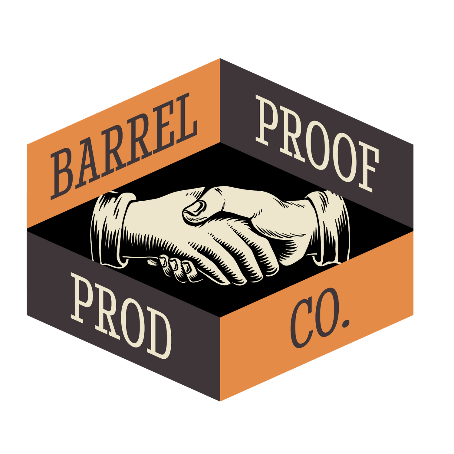 Black and orange logo design featuring handshake illustration for Barrel Proof Production Company.
