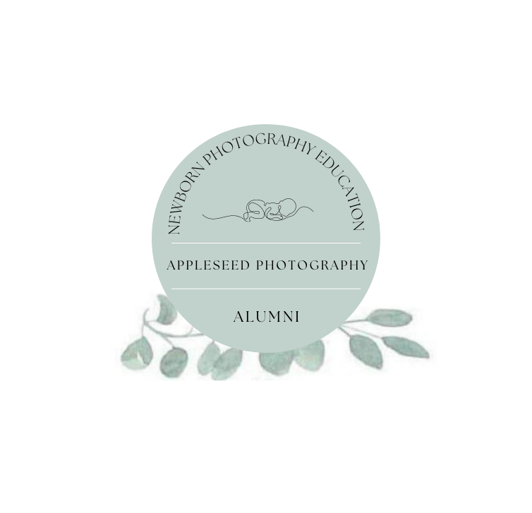 Appleseed Photography newborn photography education alumni badge with eucalyptus leaves on sage green circle.