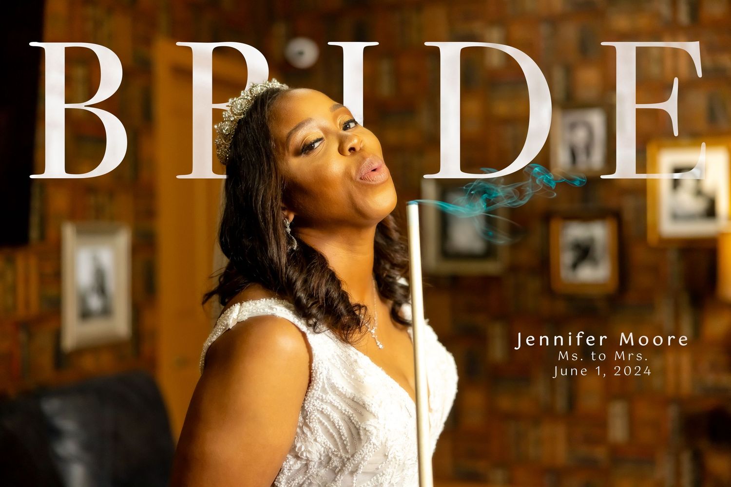 Artistic bridal portrait with elegant typography overlaid on wedding photography.