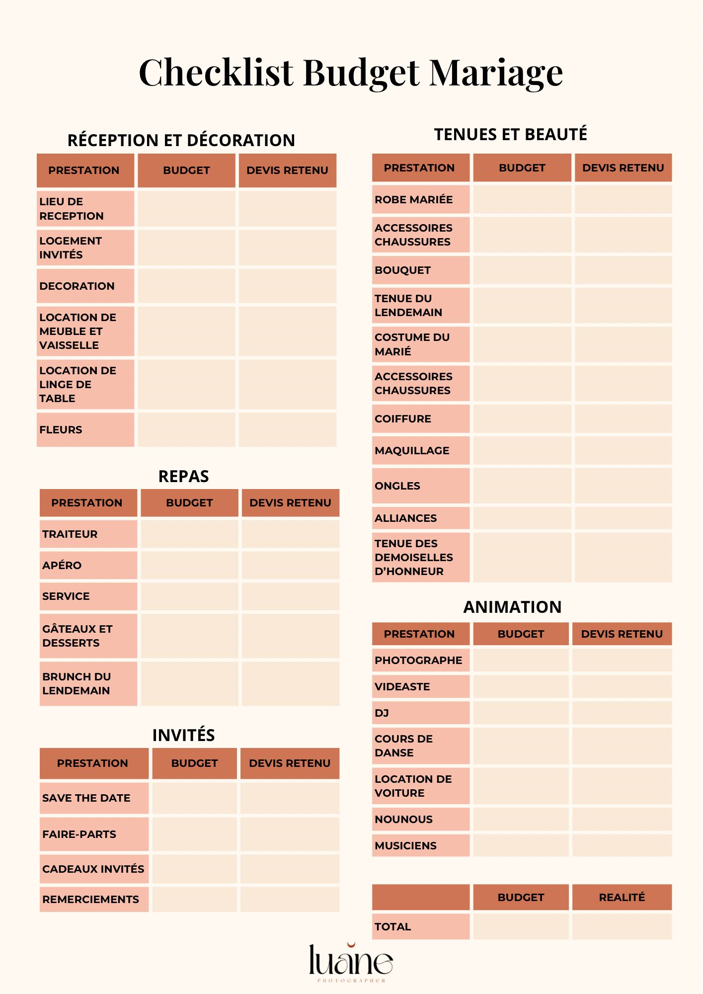 Pink and coral colored wedding budget checklist template with categories for reception, meals, and entertainment.
