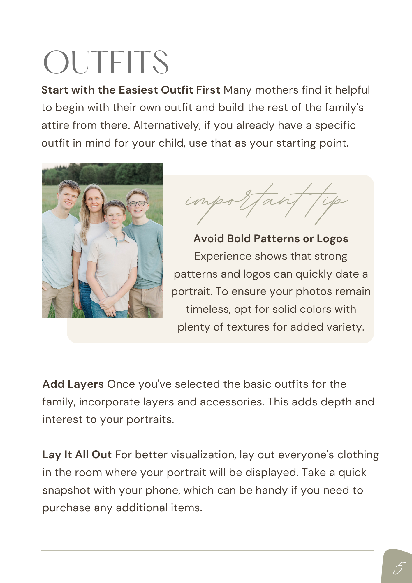 A styled photography guide page with outfit tips for cohesive and timeless family portrait sessions.