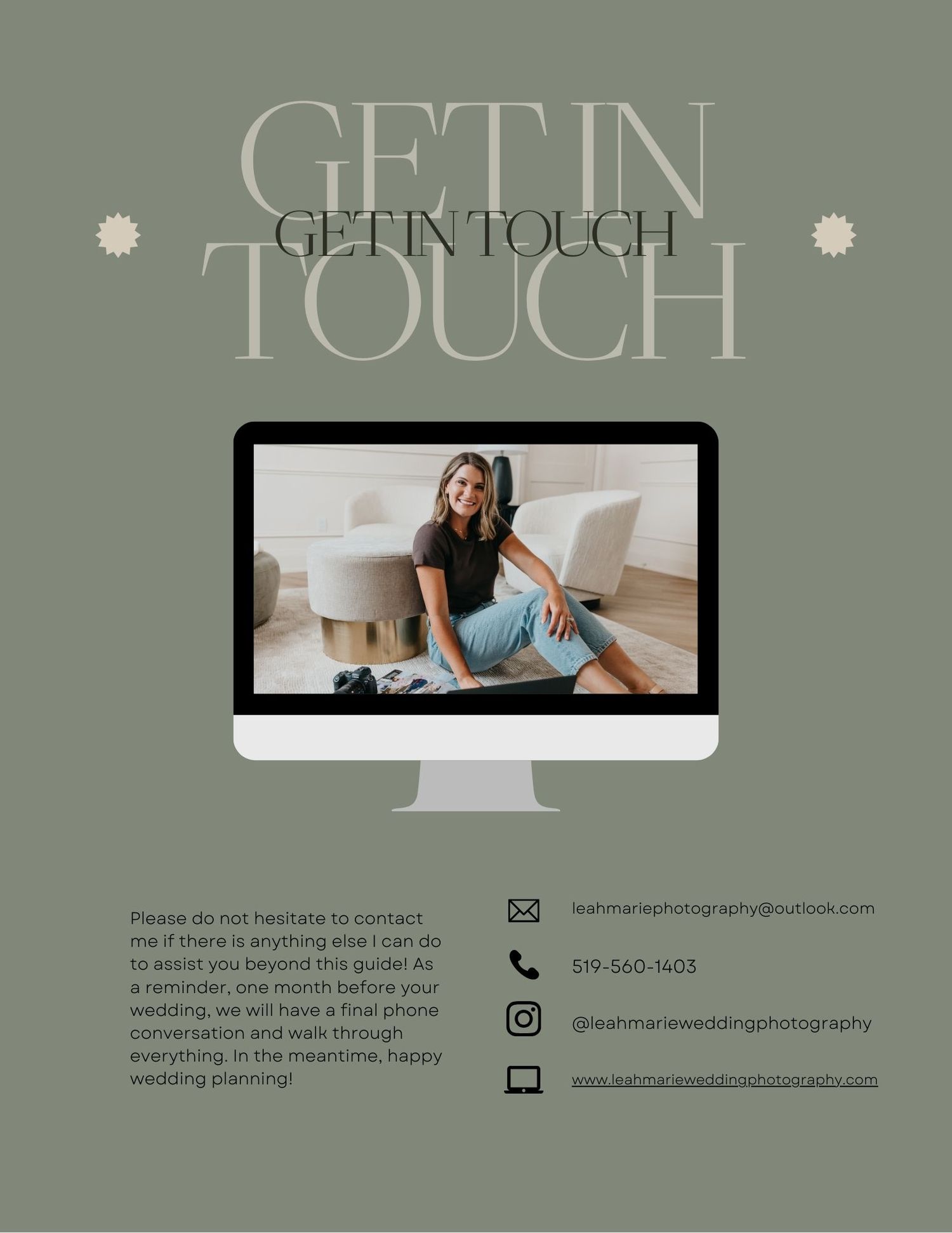 Contact page with computer monitor displaying photographer's website and social media information.