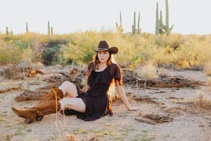A desert landscape photo featuring saguaro cacti and desert brush at golden hour.