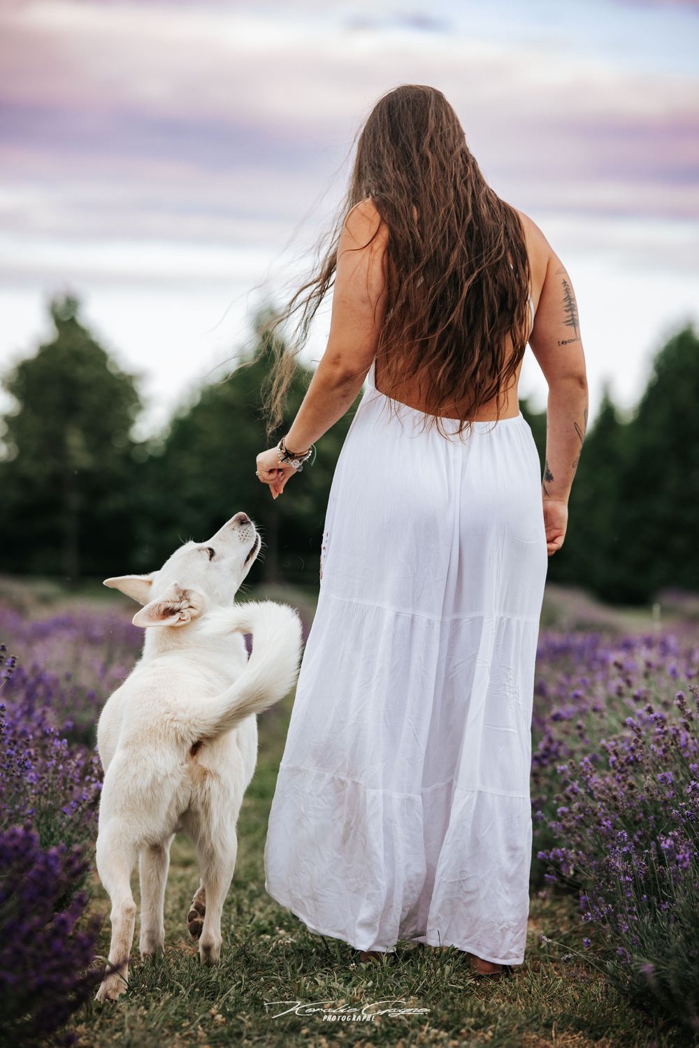 A person with long hair stands in a field of purple flowers with their dog.