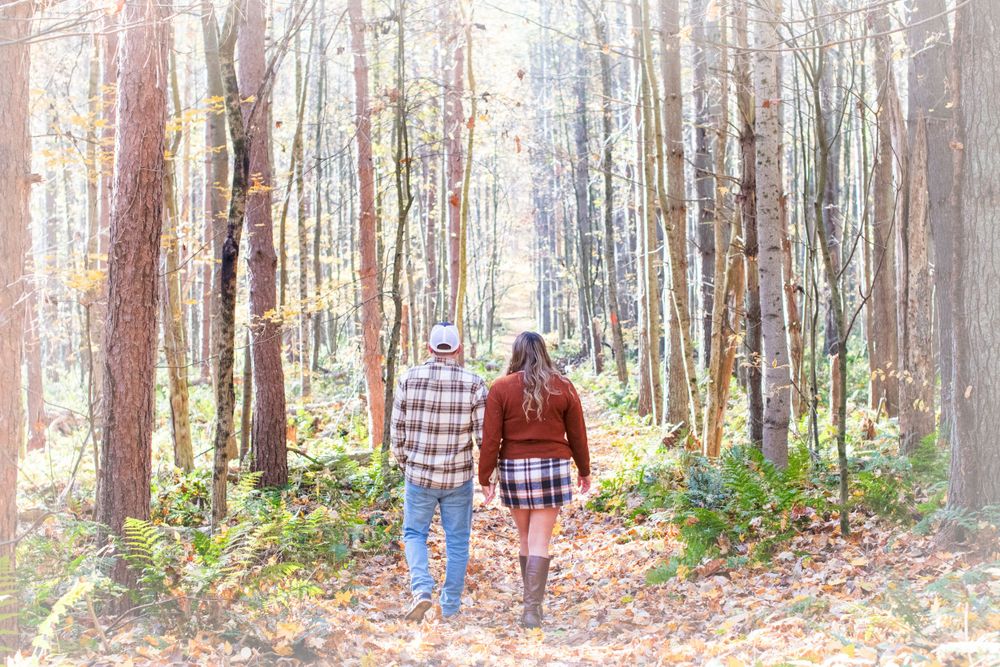 Couple walking hand in hand through a sunlit autumn forest with tall trees.