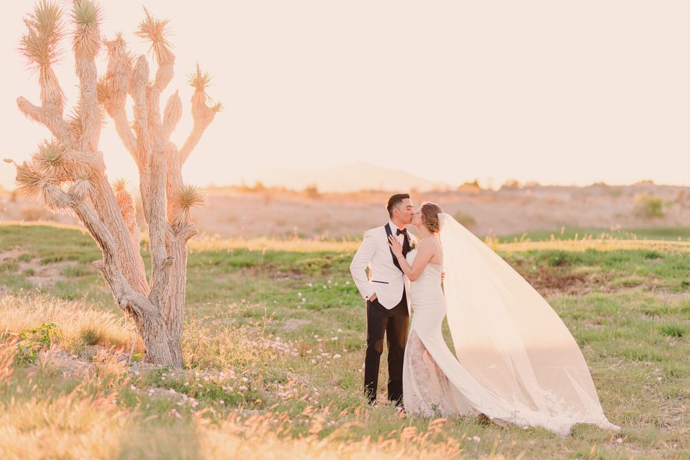Romantic desert wedding photoshoot with flowing white dress against golden sunset landscape.