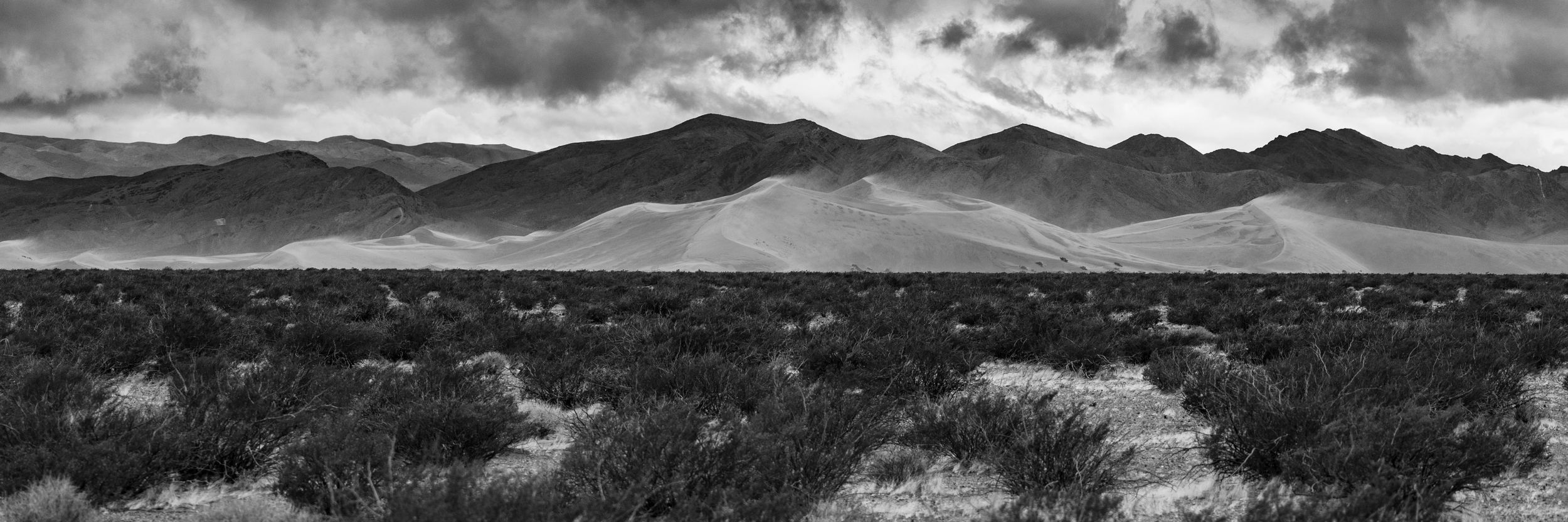 Wide black and white panoramic landscape of desert sand dunes and mountain range under dramatic clouds.