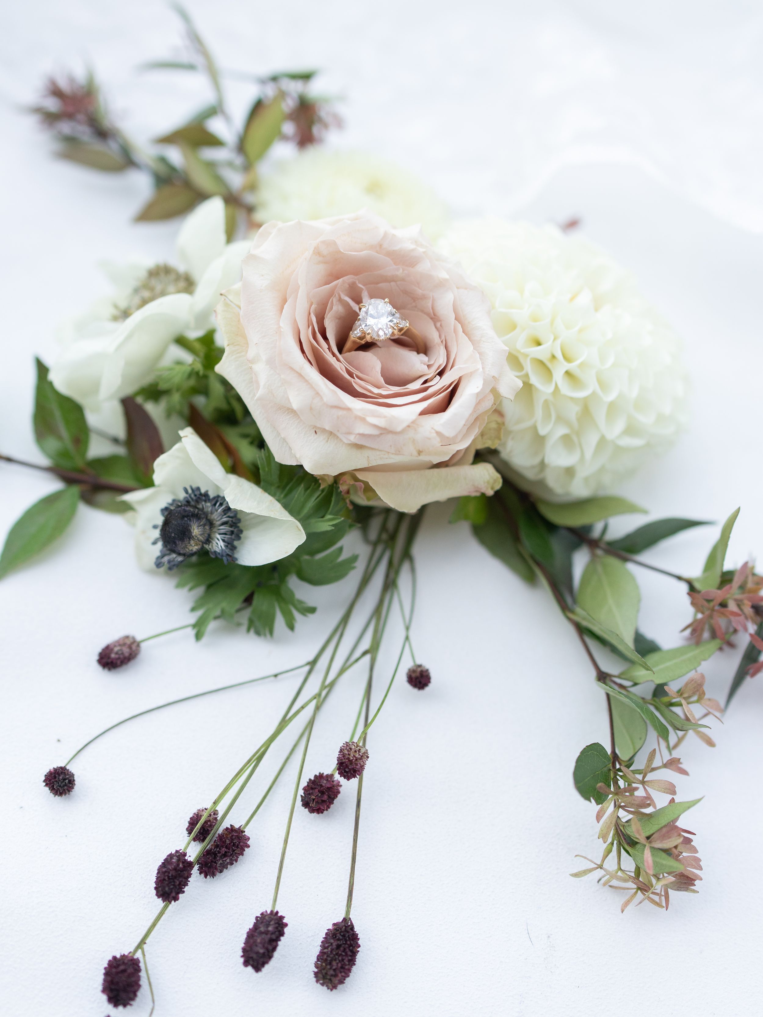 A delicate floral arrangement with pale pink roses, white carnations, and dark purple berries on a light background.