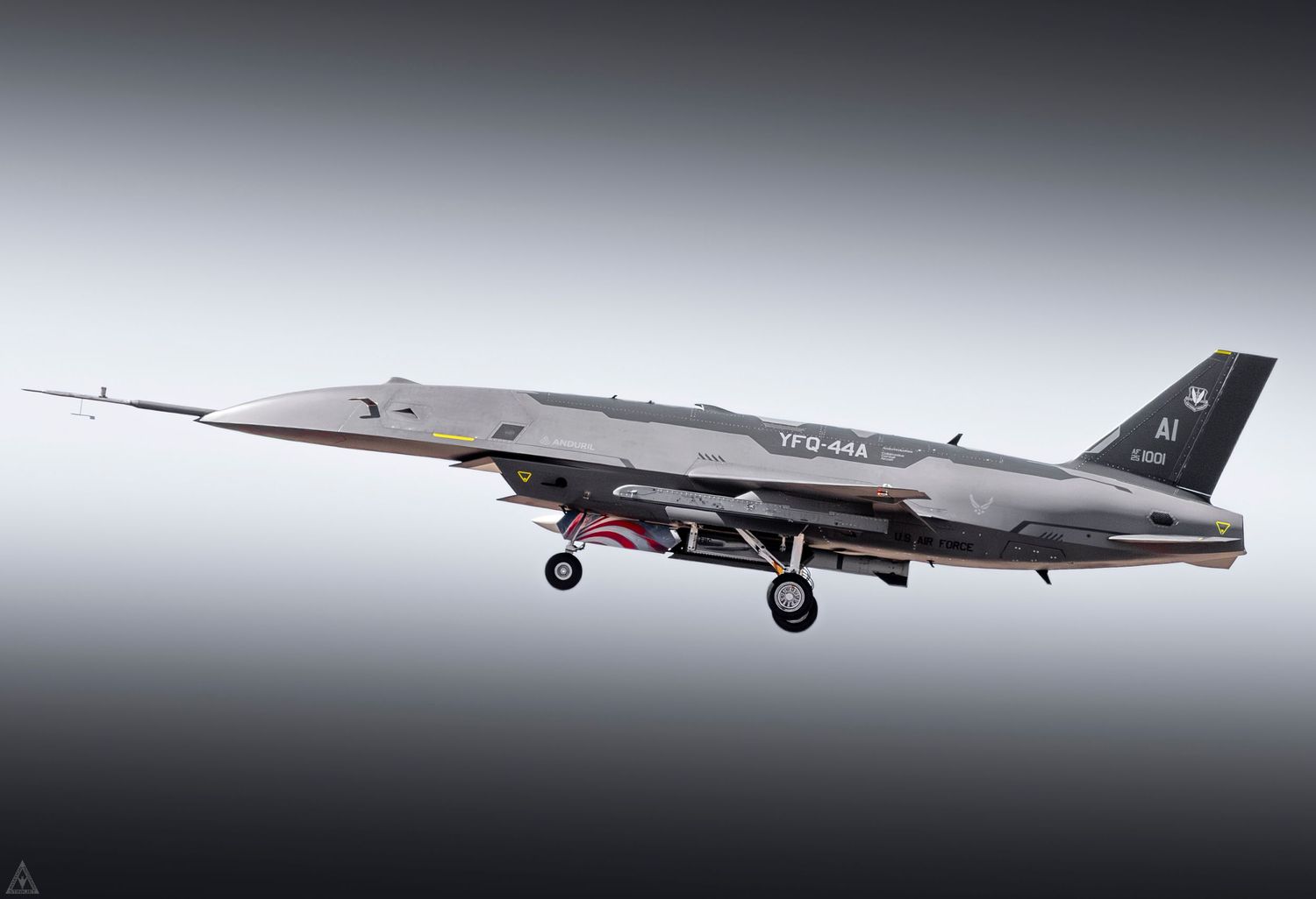 Anduril's YFQ-44A Fury drone landing after a captive carry test mission