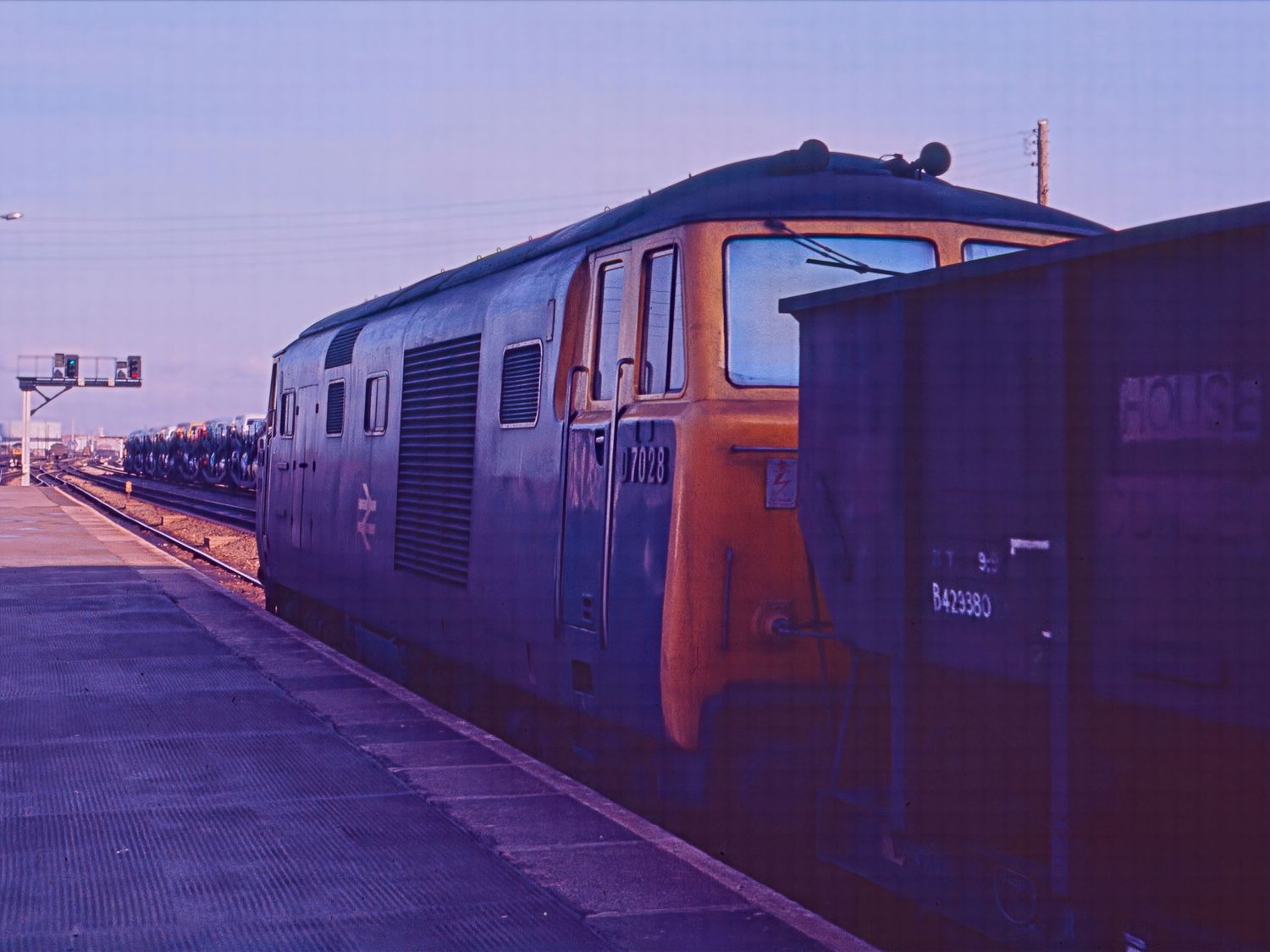 BR Class 35 Hymek Diesel Hydraulic D7089 and Class 35 Hymek Diesel Hydraulic D7009 in Swindon Works Yard on the morning of 13th January 1974