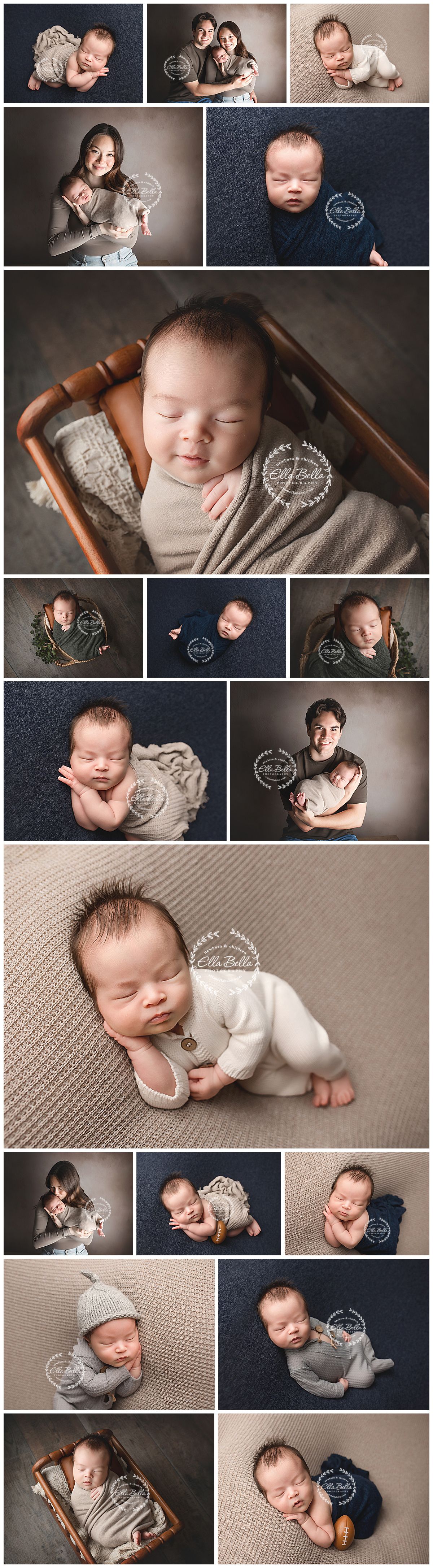 Professional newborn photography collage featuring a sleeping baby with parents, posed in neutral tones and navy backdrops.
