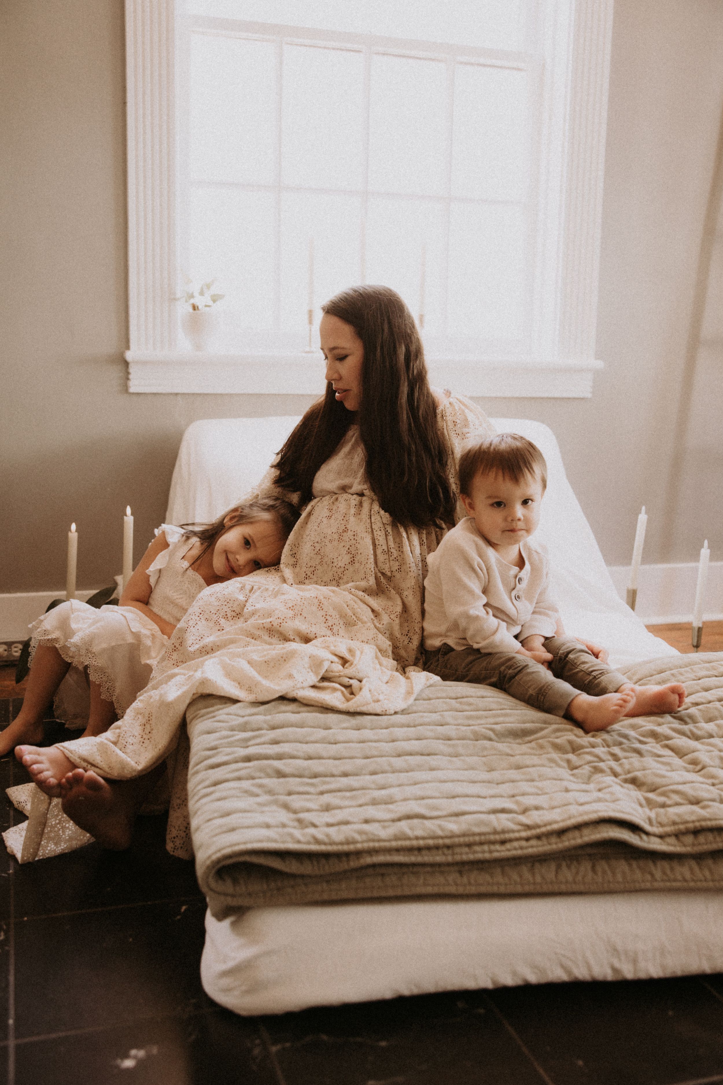 A series of warm-toned photos showing people relaxing on a cozy quilted bed in natural window light.