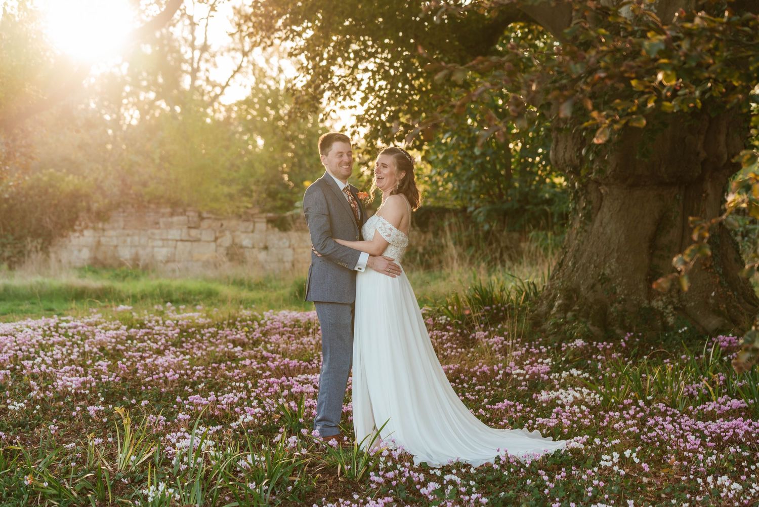 Golden hour wedding portraits at Elmore Court countryside