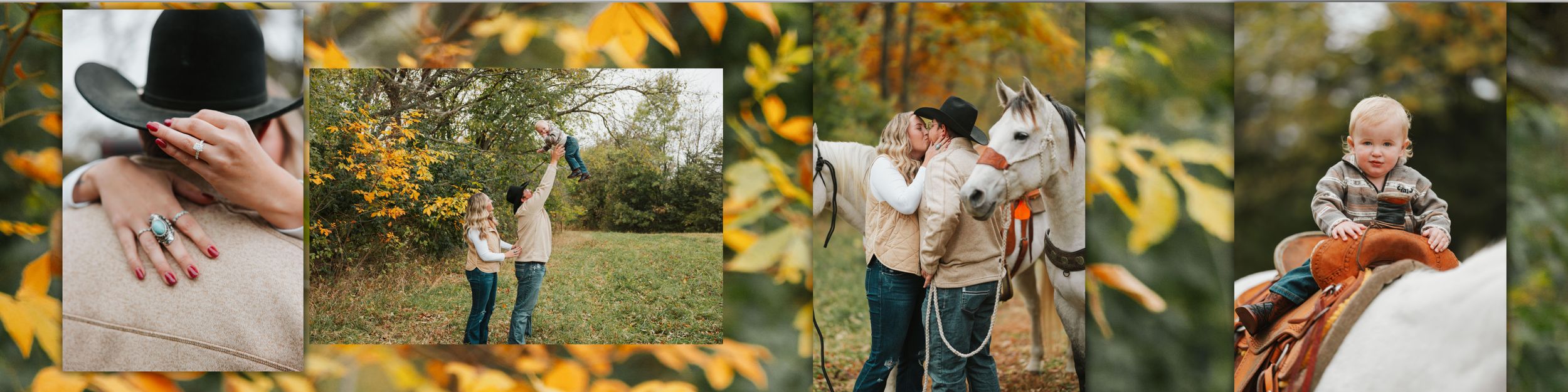 A collage of romantic autumn engagement photos showing couples embracing among golden fall foliage and leaves.