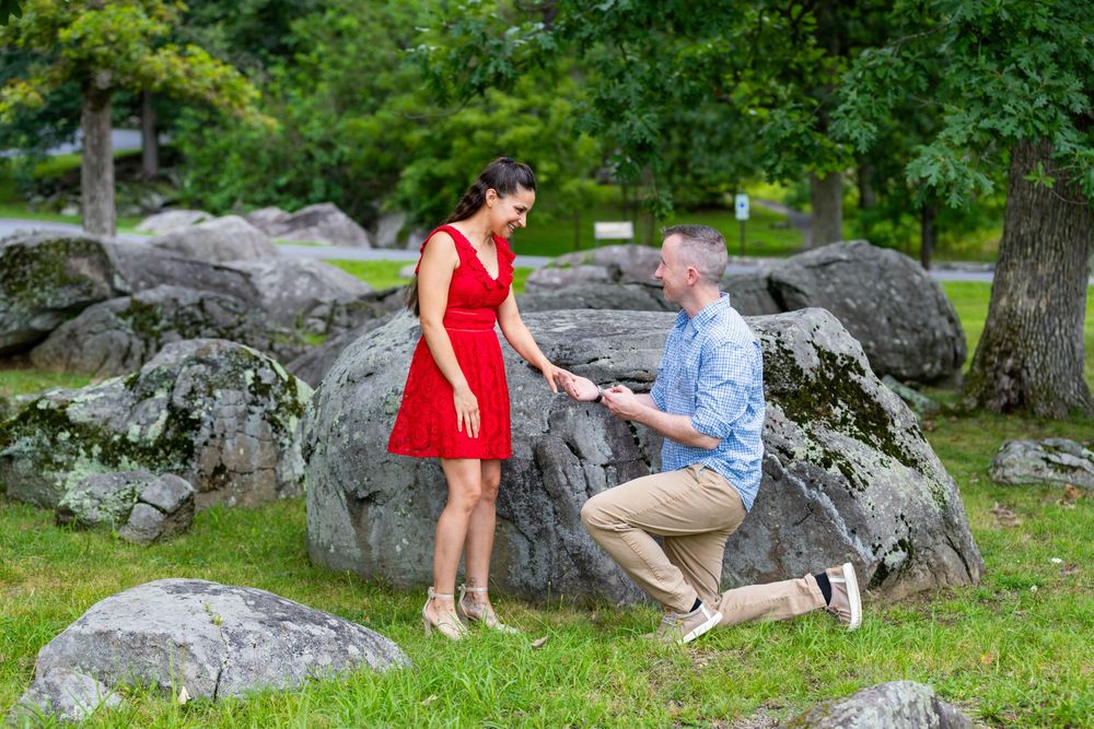 Man proposes to woman in red dress among large rocks in a lush green park setting.