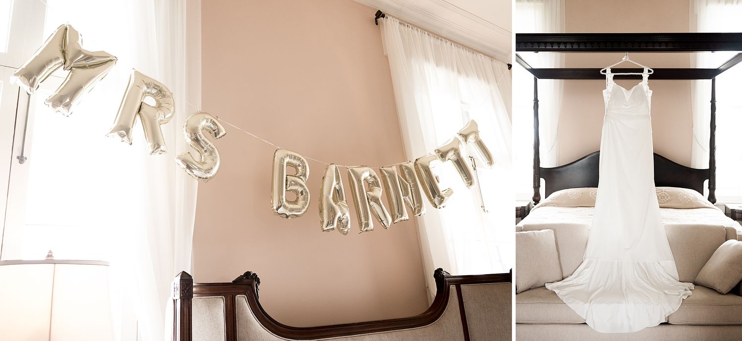 A collage of wedding details showing white decor, floral arrangements, and elegant bridal accessories in a light-filled venue.