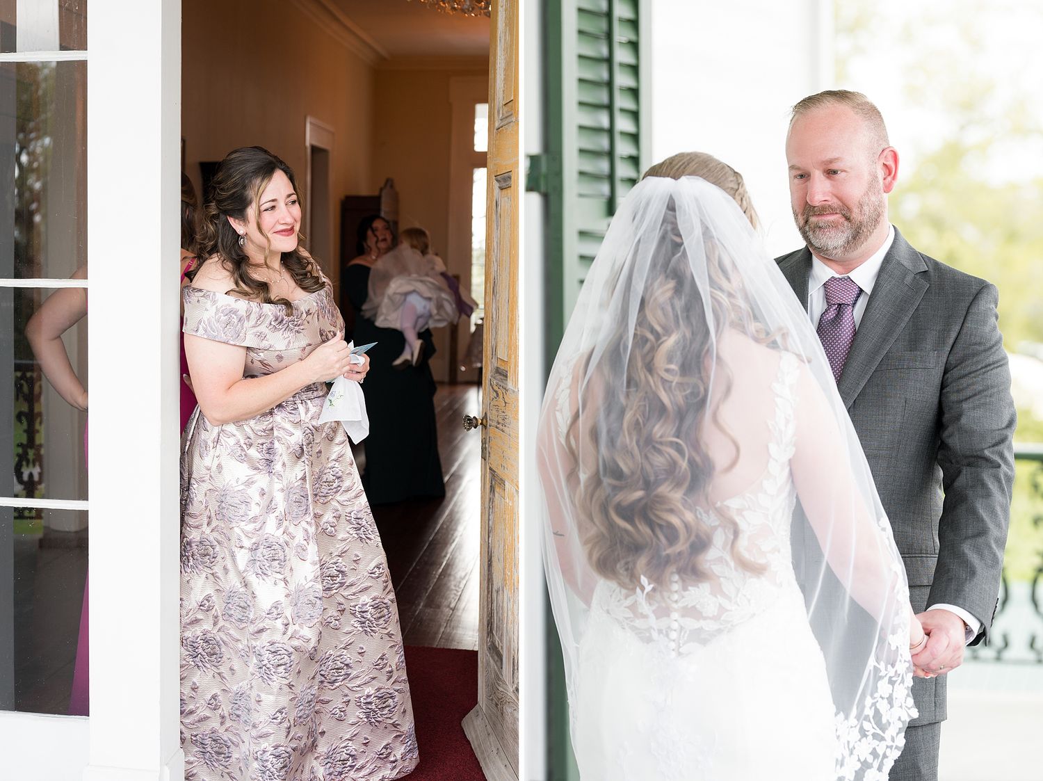 A bride and groom share a first look moment on a porch with someone in a mauve dress watching from inside.