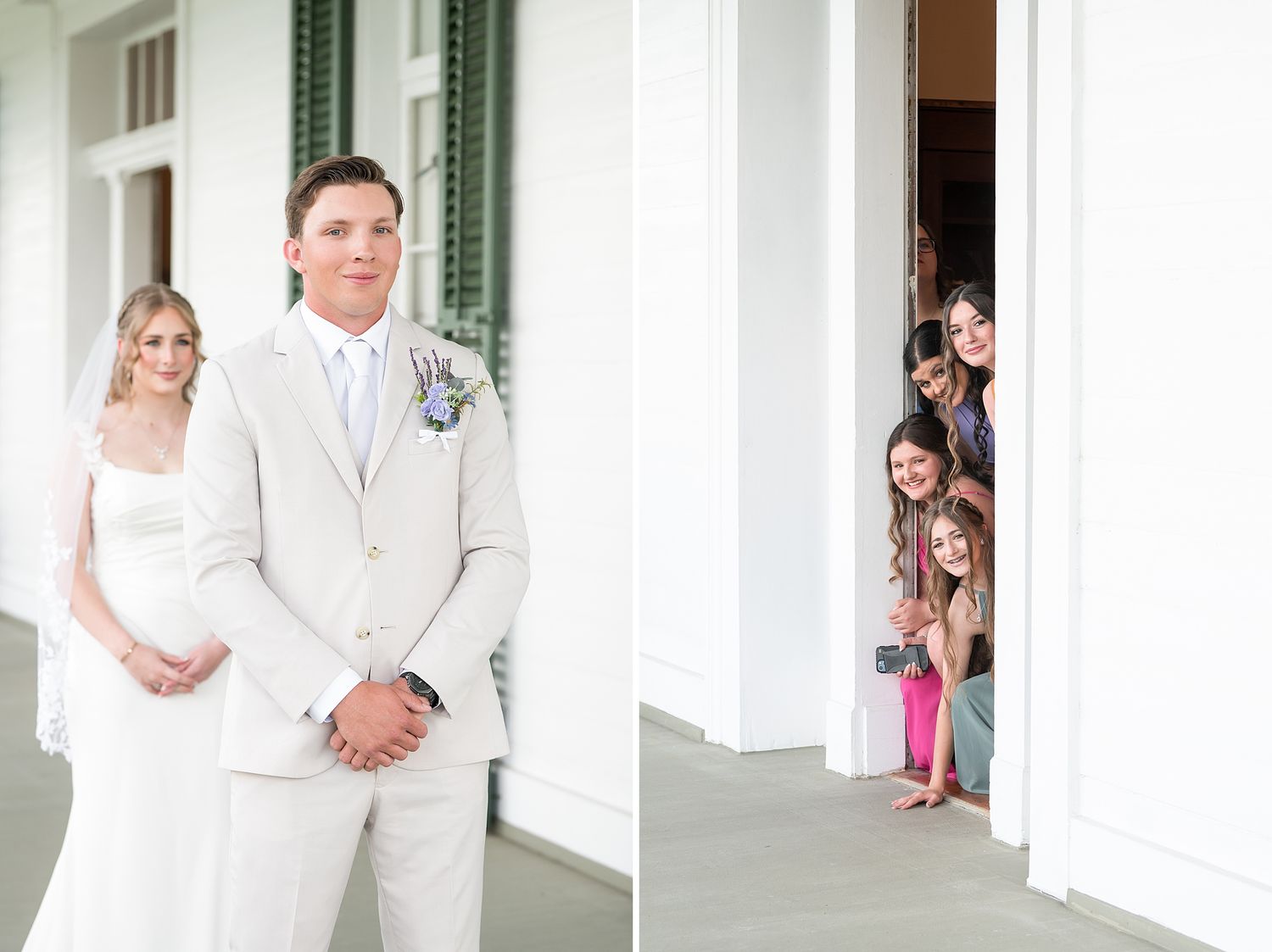 Wedding party members pose in front of white columns at an elegant venue.
