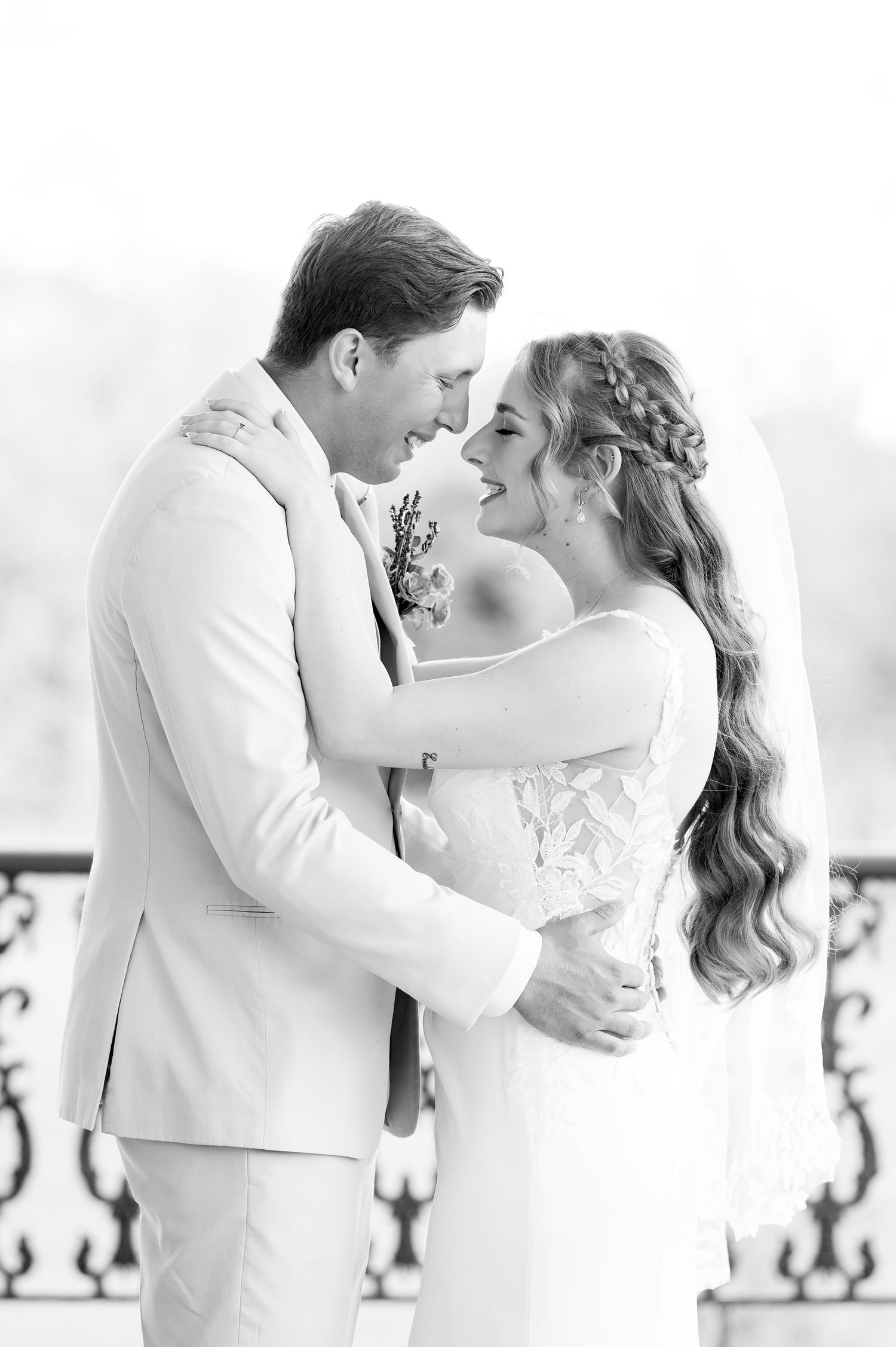 A romantic wedding couple shares three intimate moments in white attire against a light background.