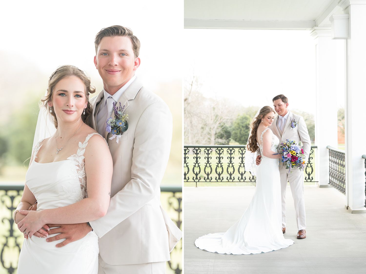 A wedding couple shares intimate moments in a series of romantic photos on a white porch with elegant decor.