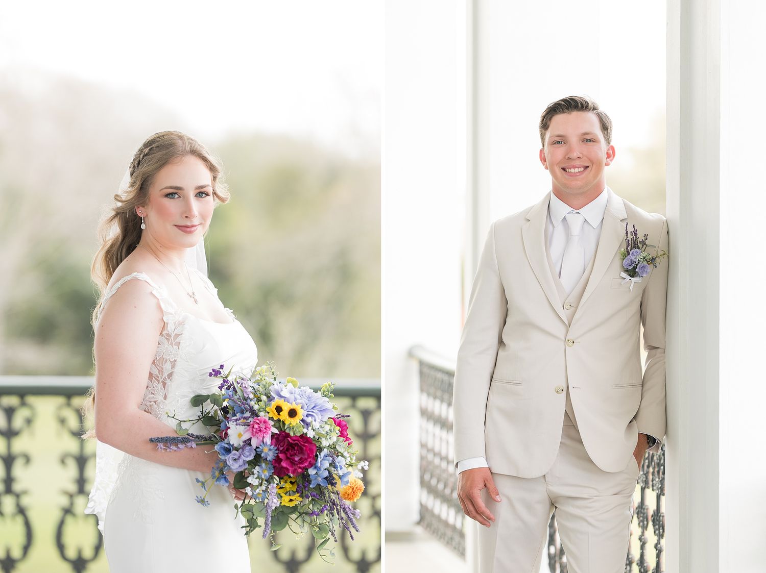 A joyful wedding couple poses for outdoor portraits in light colored attire with colorful floral bouquets.