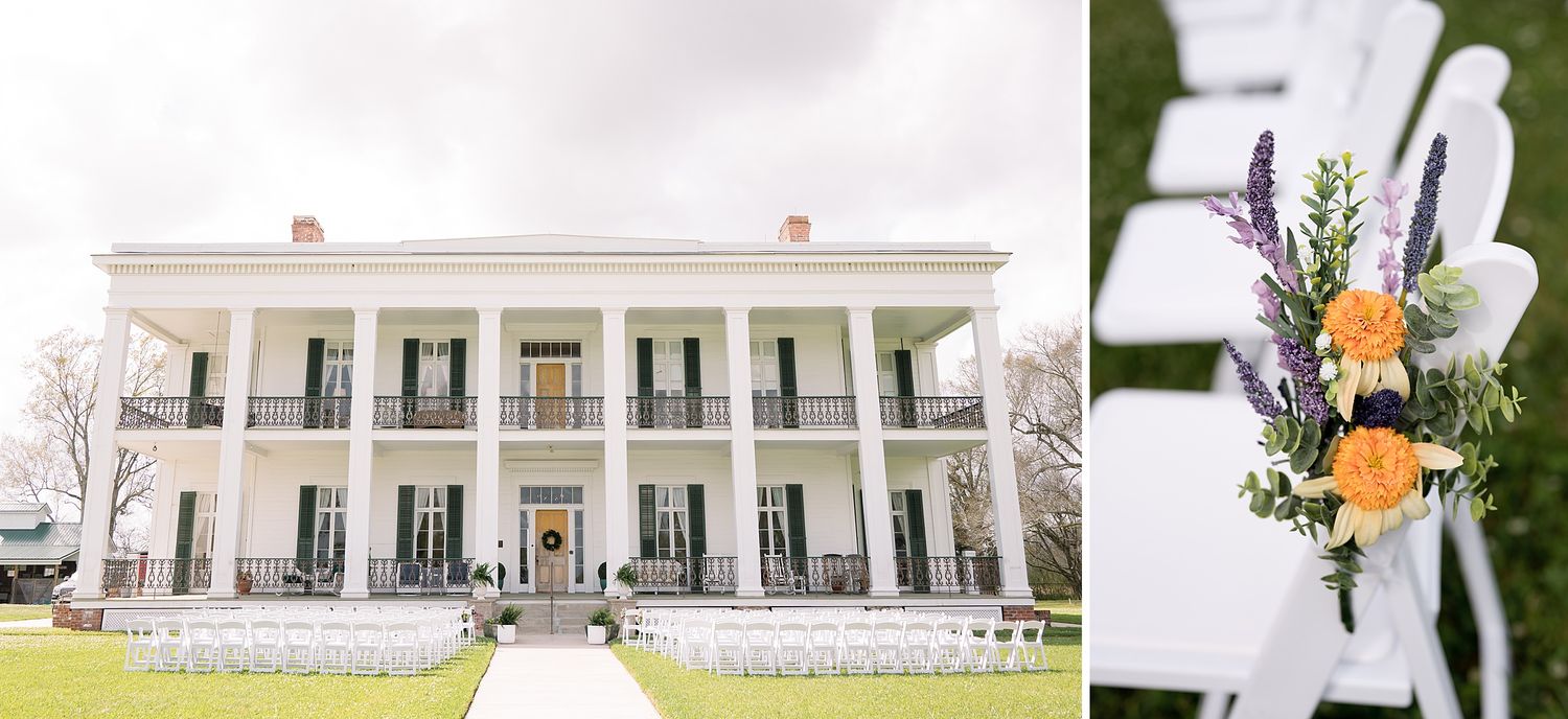 Elegant white mansion with grand columns and landscaping serves as backdrop for outdoor wedding.