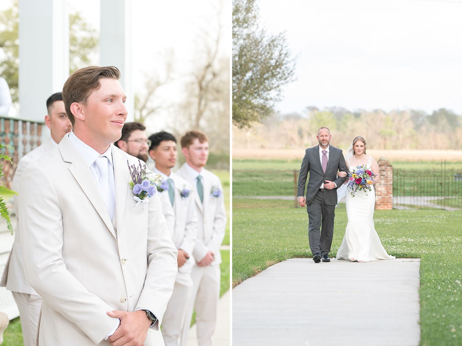Wedding party stands together on a sunny day at an outdoor venue with green lawns and trees in the background.