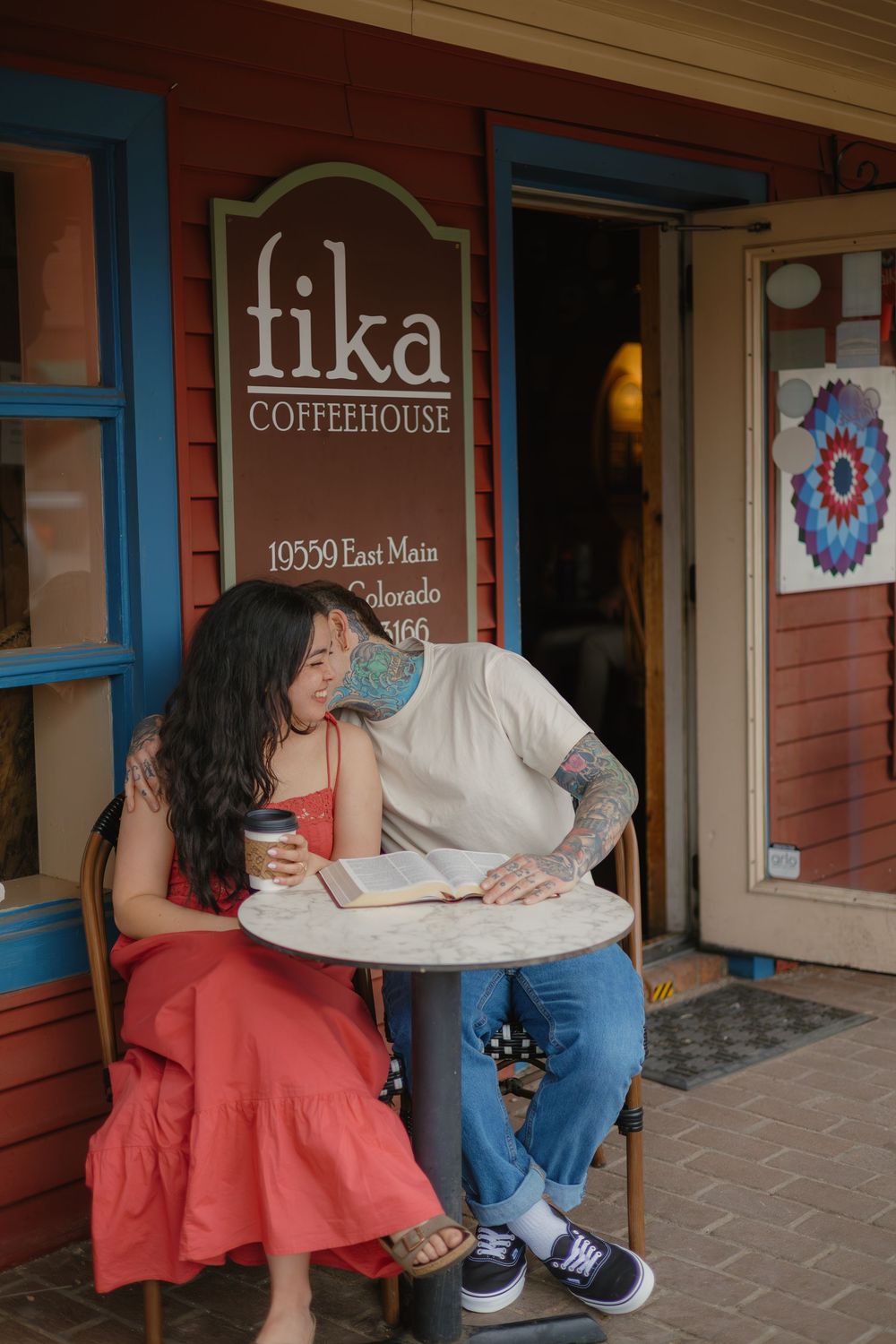 Cozy coffee shop engagement photos in downtown Parker, Colorado.