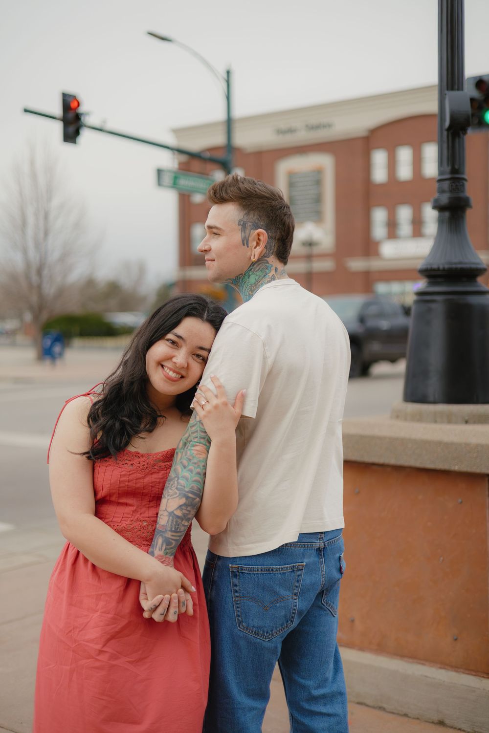 Cozy coffee shop engagement photos in downtown Parker, Colorado.
