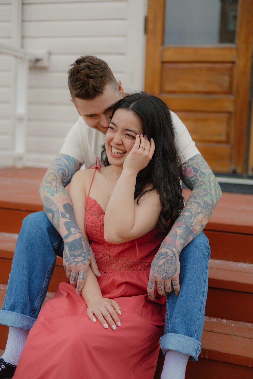 Cozy coffee shop engagement photos in downtown Parker, Colorado.
