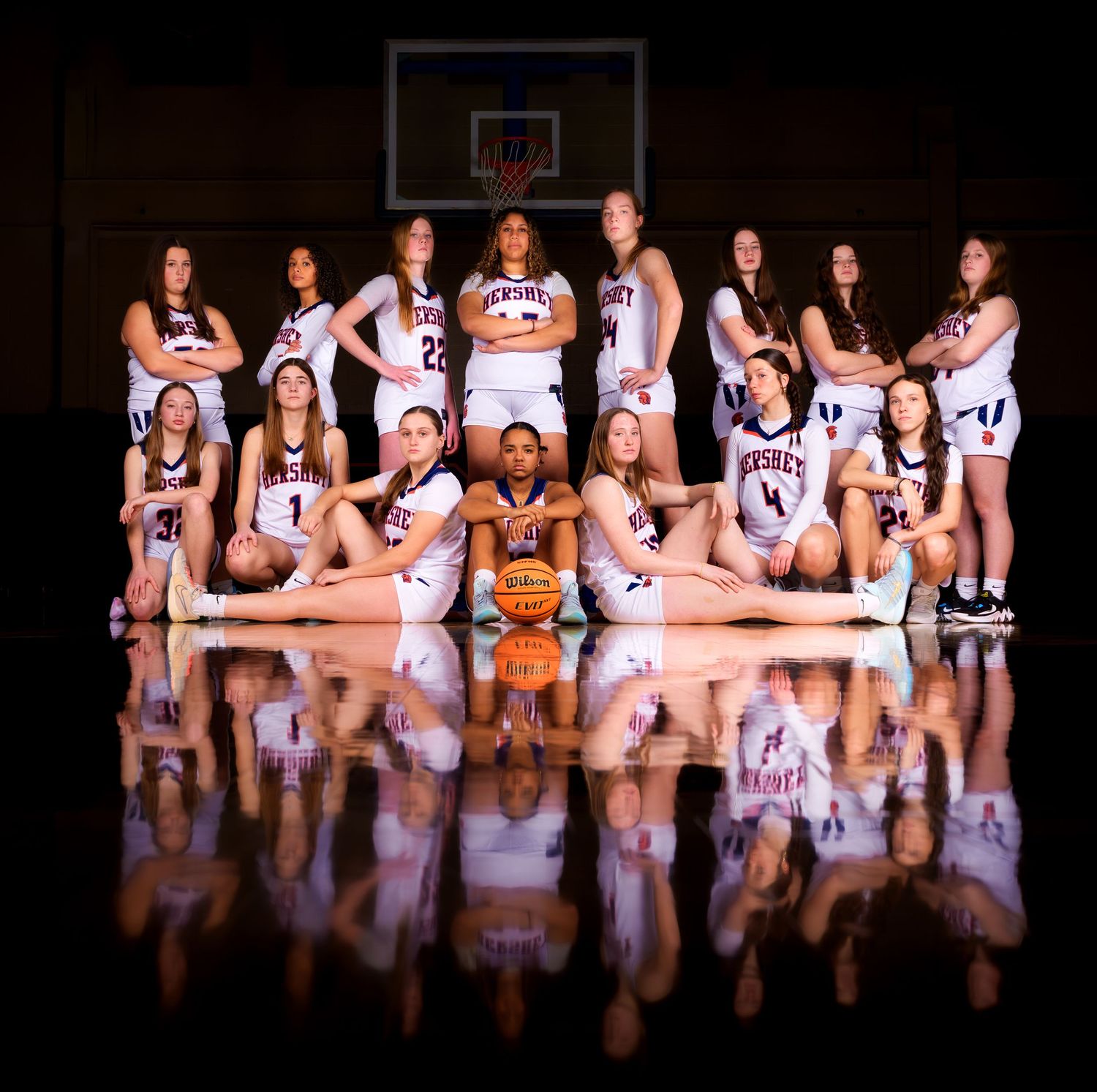 Hershey Trojans Girls Basketball Team Photo dynamic media day pose by Deanna Fox, SportsFox Photography based in Hershey PA