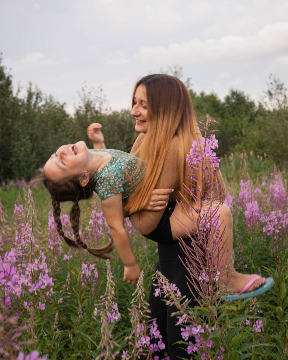 laughing, flowers