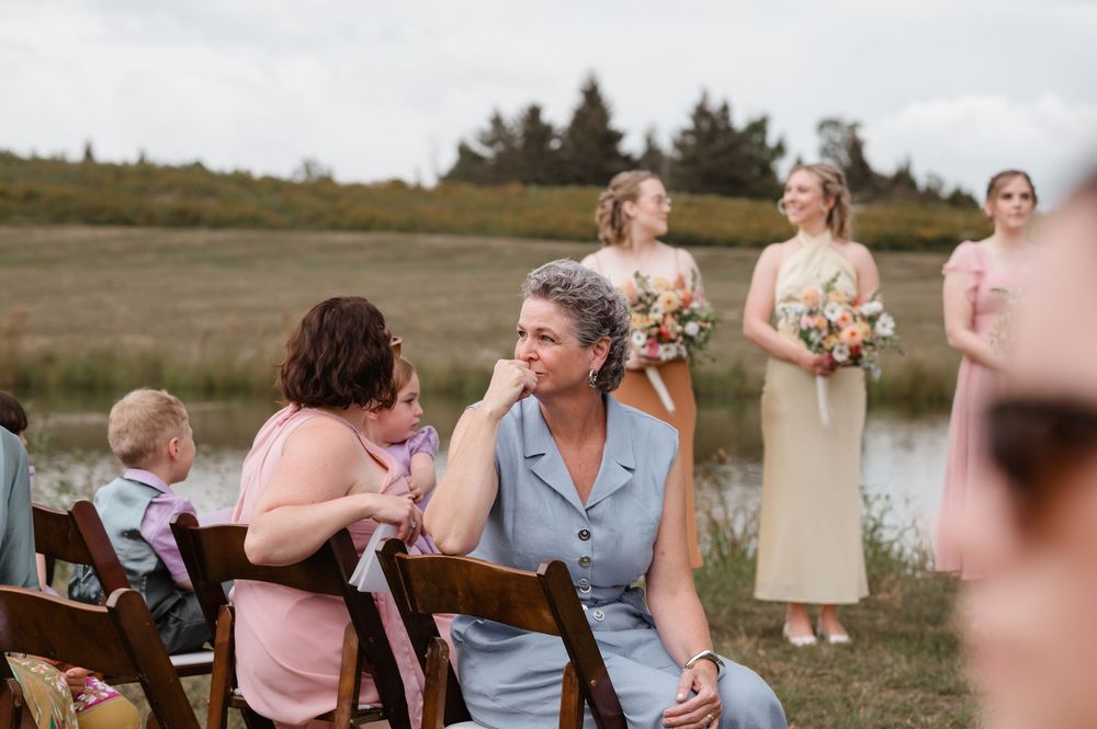 A collage of outdoor wedding celebration moments with guests enjoying drinks and conversation in a natural setting.