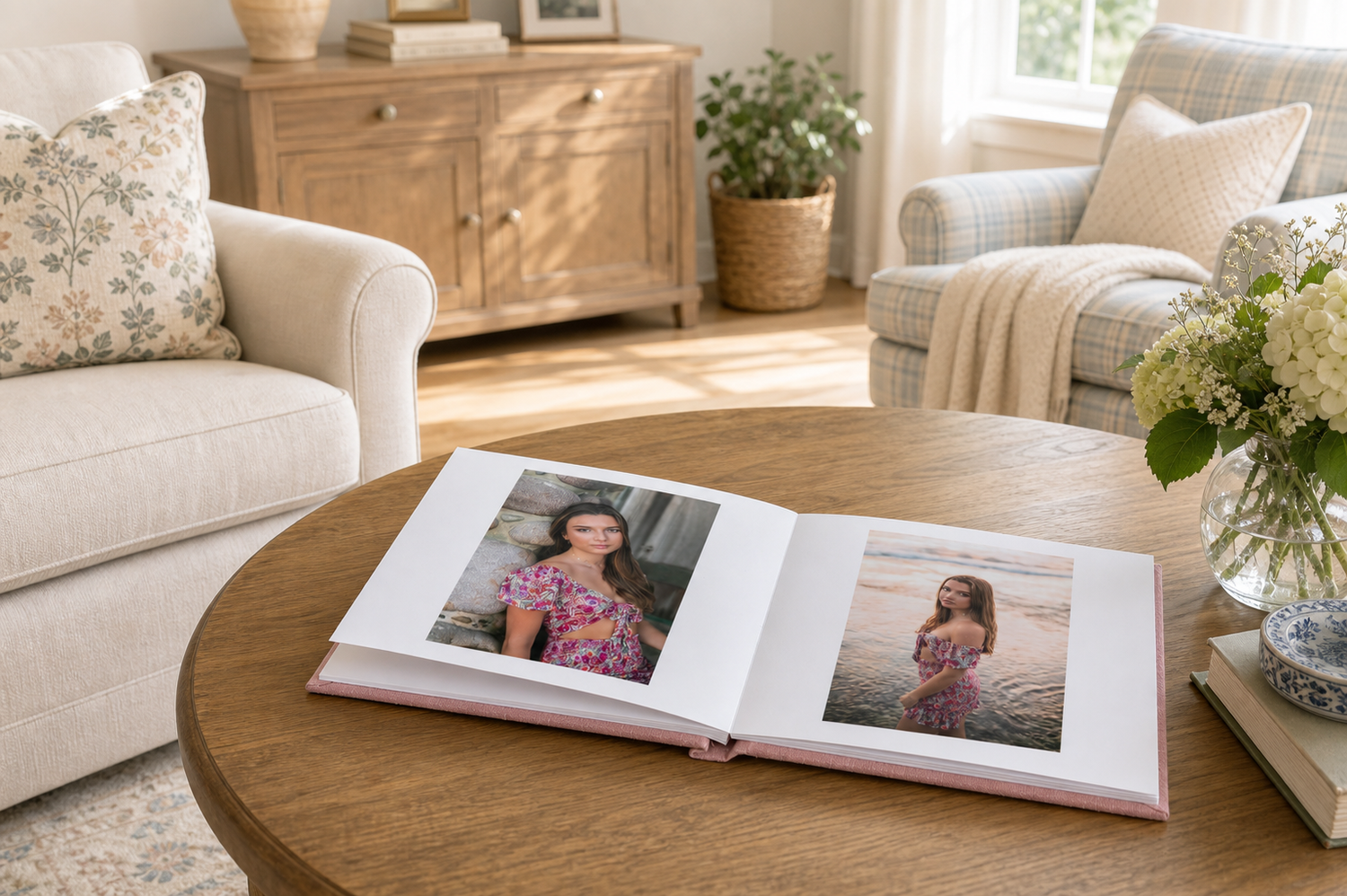 Canvas wall art of a young woman sitting in a golden field, displayed in a bright modern living room.