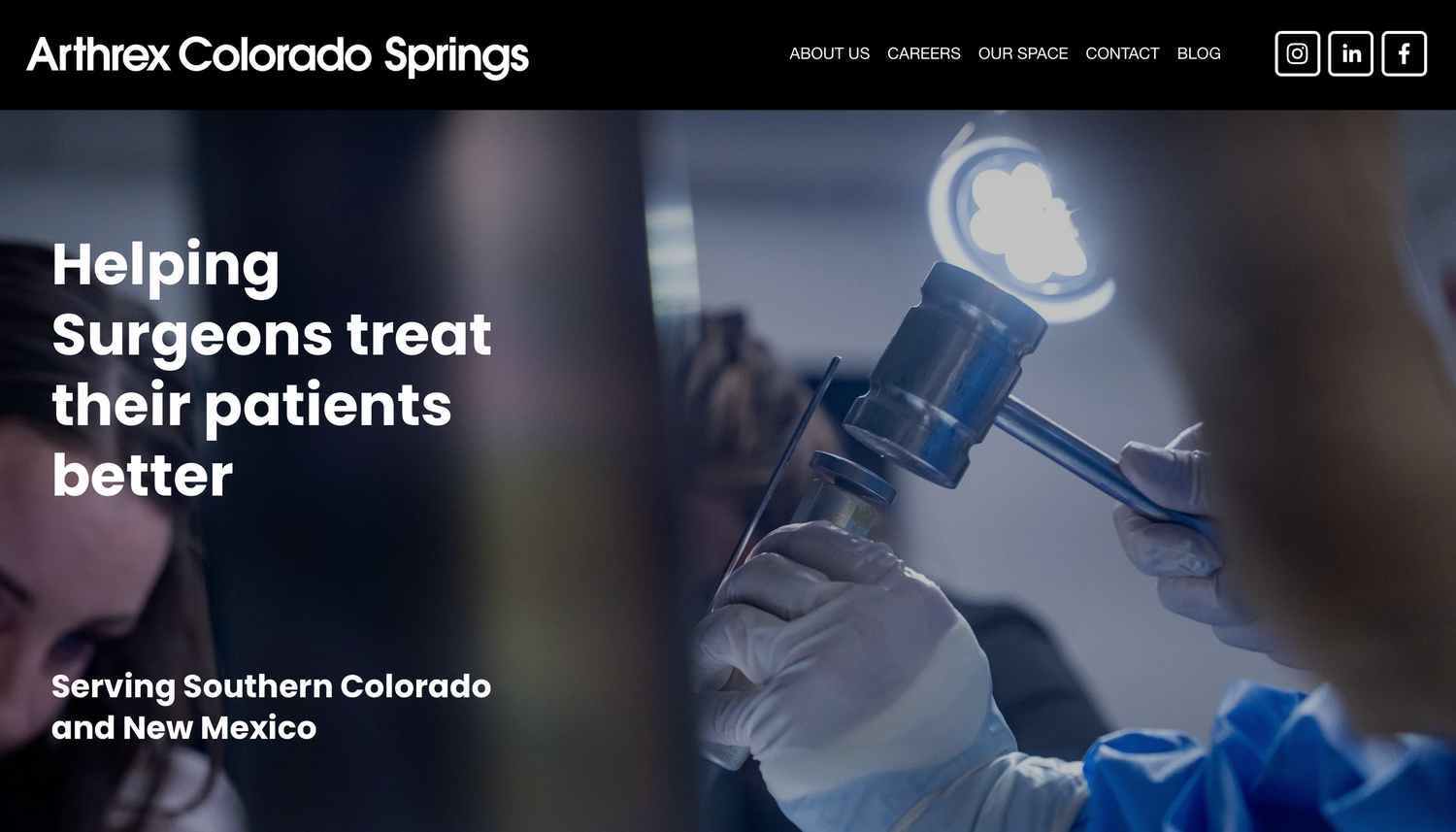 Arthrex Colorado Springs website homepage showing surgeons using medical instruments in an operating room.