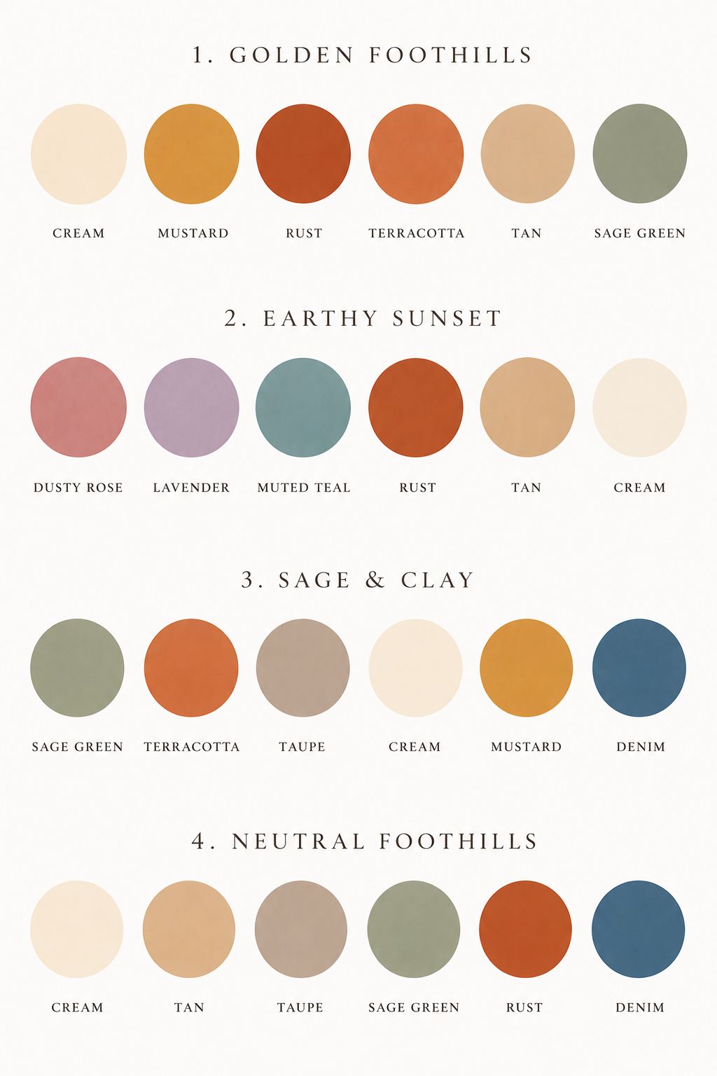 Four earthy color palettes featuring sage green, terracotta, rust, cream, and denim tones for interior design inspiration.