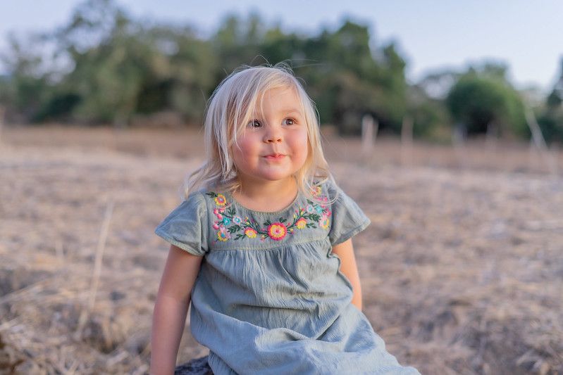 A child wearing a blue embroidered dress sits in a dry field at golden hour.