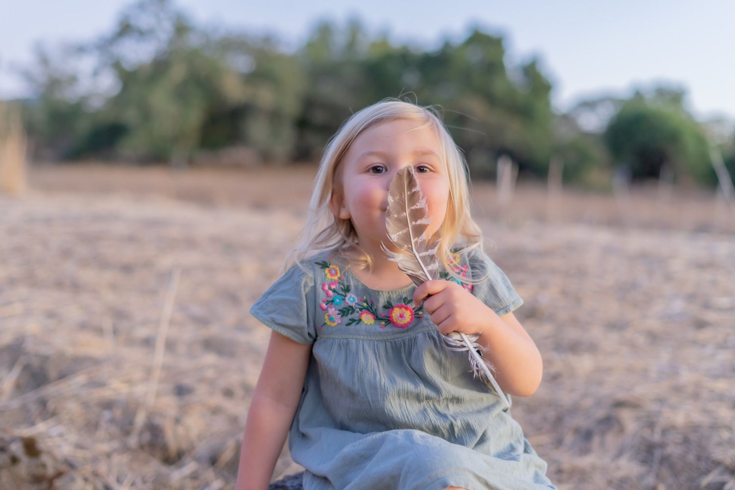Child in blue dress holds finger to lips making shushing gesture while sitting in dry field at sunset.