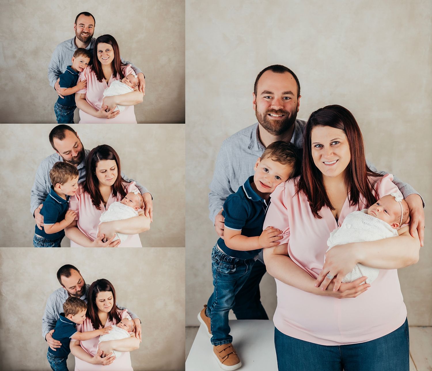 Family newborn photo collage featuring parents with toddler son and newborn baby in a warm studio setting.