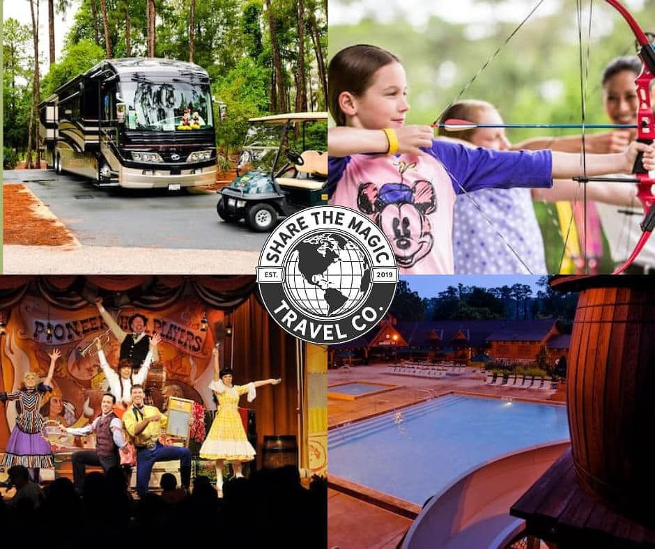 Collage of Fort Wilderness activities including camping, archery, and entertainment offerings.
